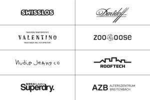 Kunden von Grafikdesign Cueni. Swisslos, Ristorante Valentino, Davidoff, Zooloose, Nudie Jeans Co, Superdry, Rooftech, Alterszentrum Breitenbach.