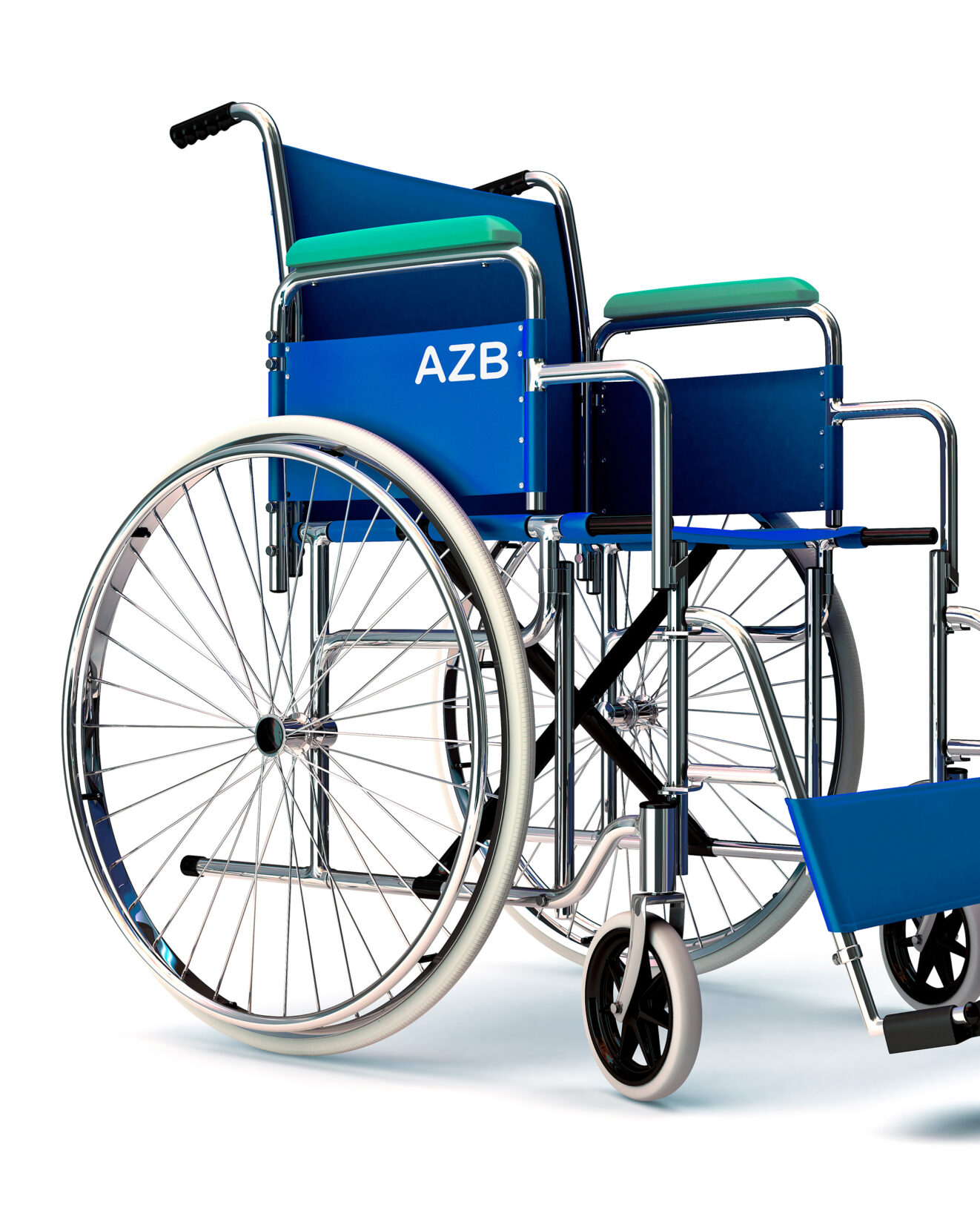 Blauer Rollstuhl mit weissem Logo des AZB.