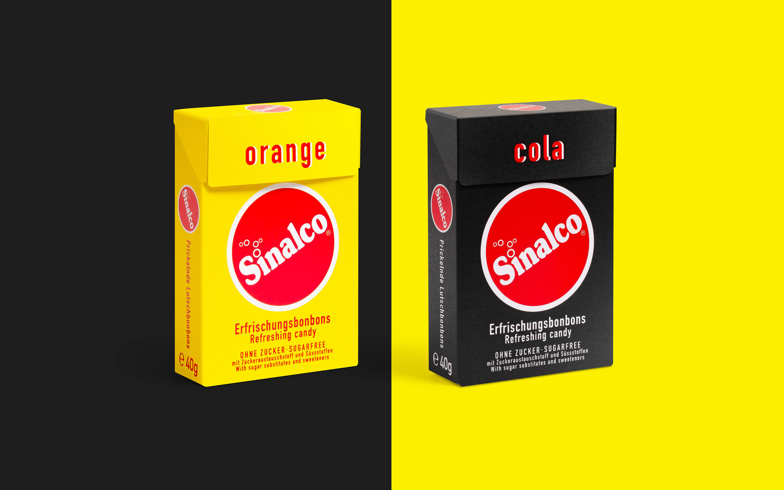 Verpackungsgestaltung oder auch Package Design genannt für Sinalco Erfrischungsbonbons. Minimalistisches Grafik Design für maximale Wirkung des Brands.