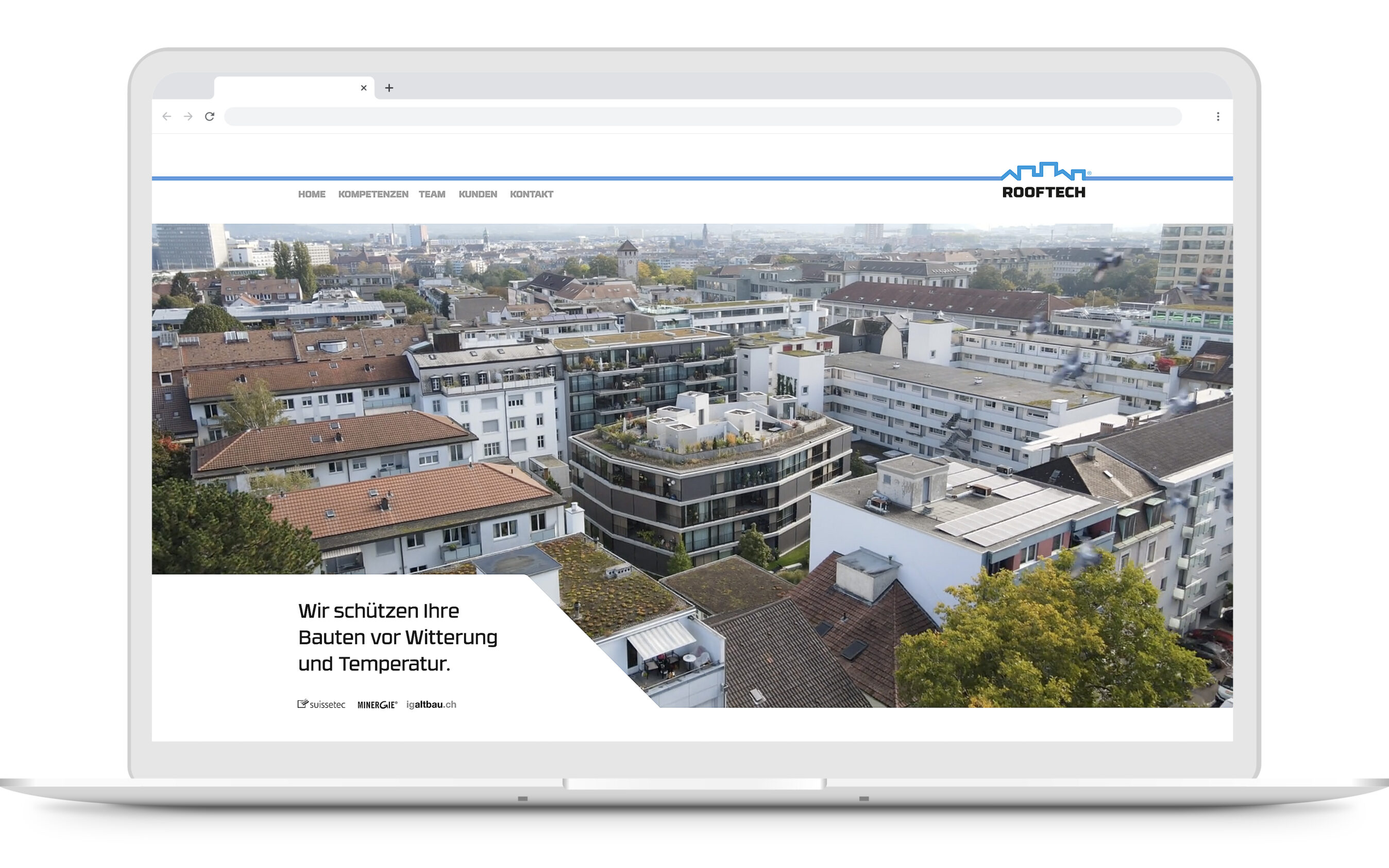 Homepage der Firma Rooftech AG. Webdesign von Grafikdesign Cueni aus Basel.