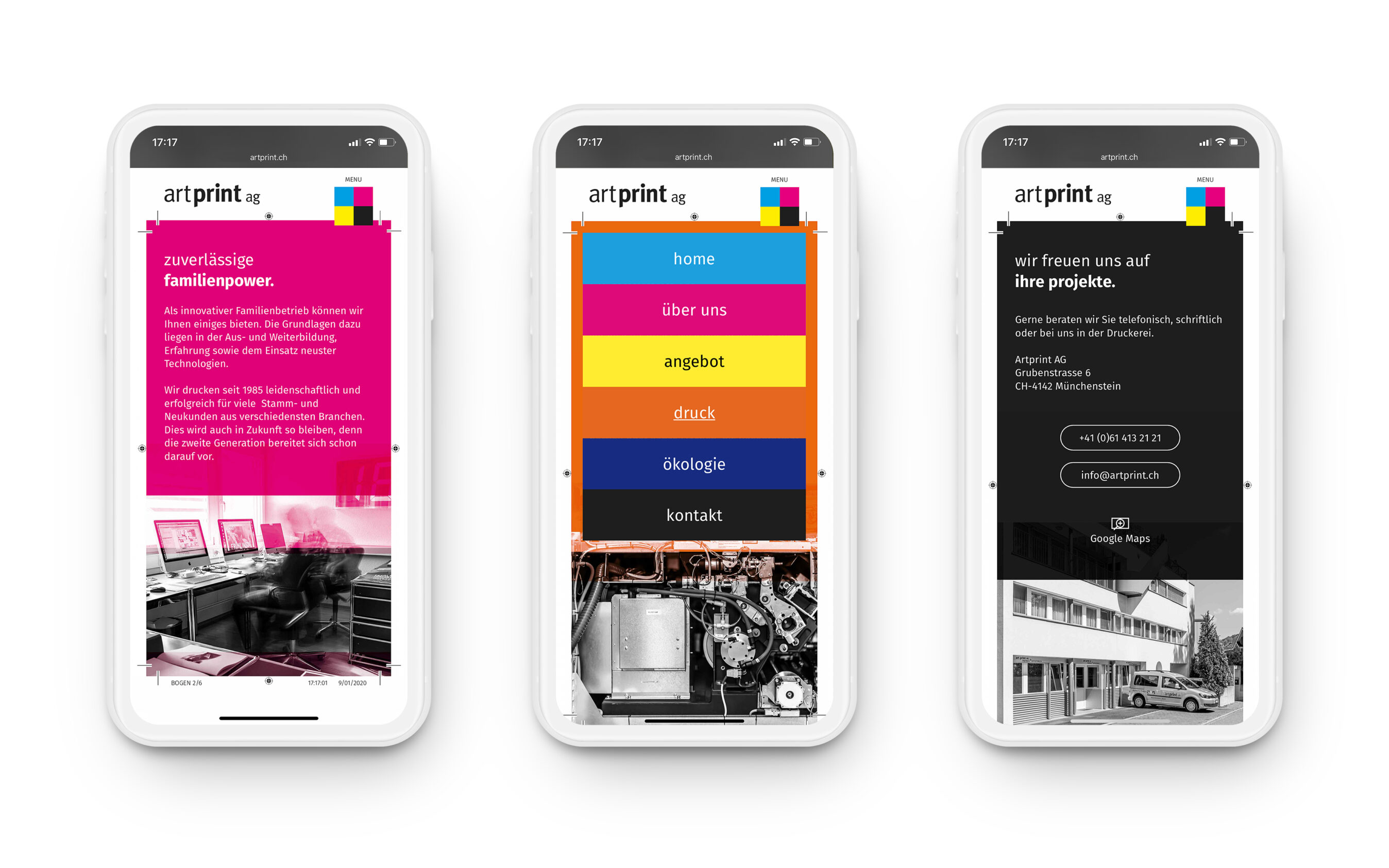 Mobile Version der Webseite artprint.ch. Das Layout- und Grafikdesign erinnert an Druckbögen.