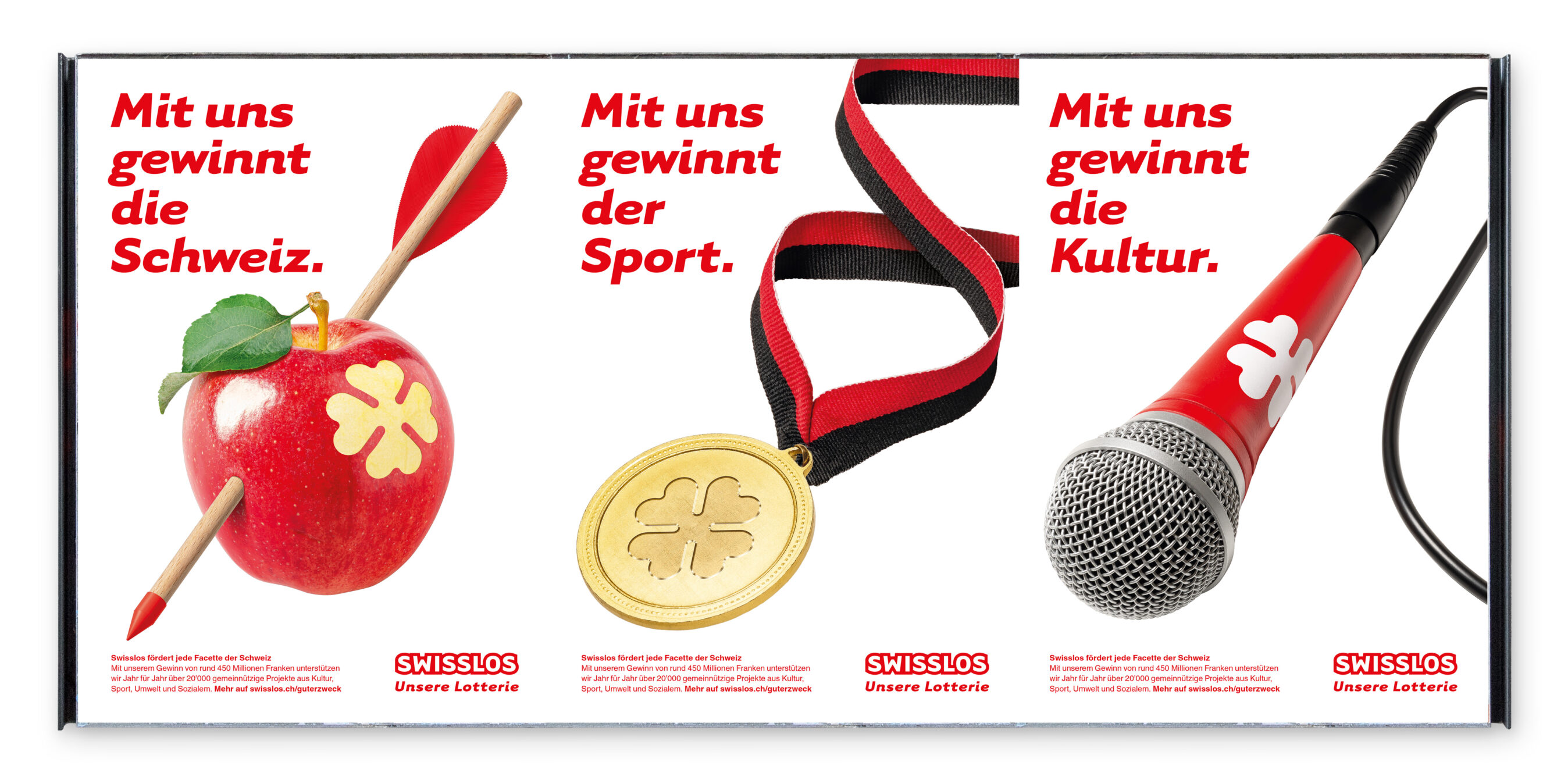 Plakate der Swisslos PR-Kampagne. Visuelle Kommunikation von Grafikdesign Cueni Basel.