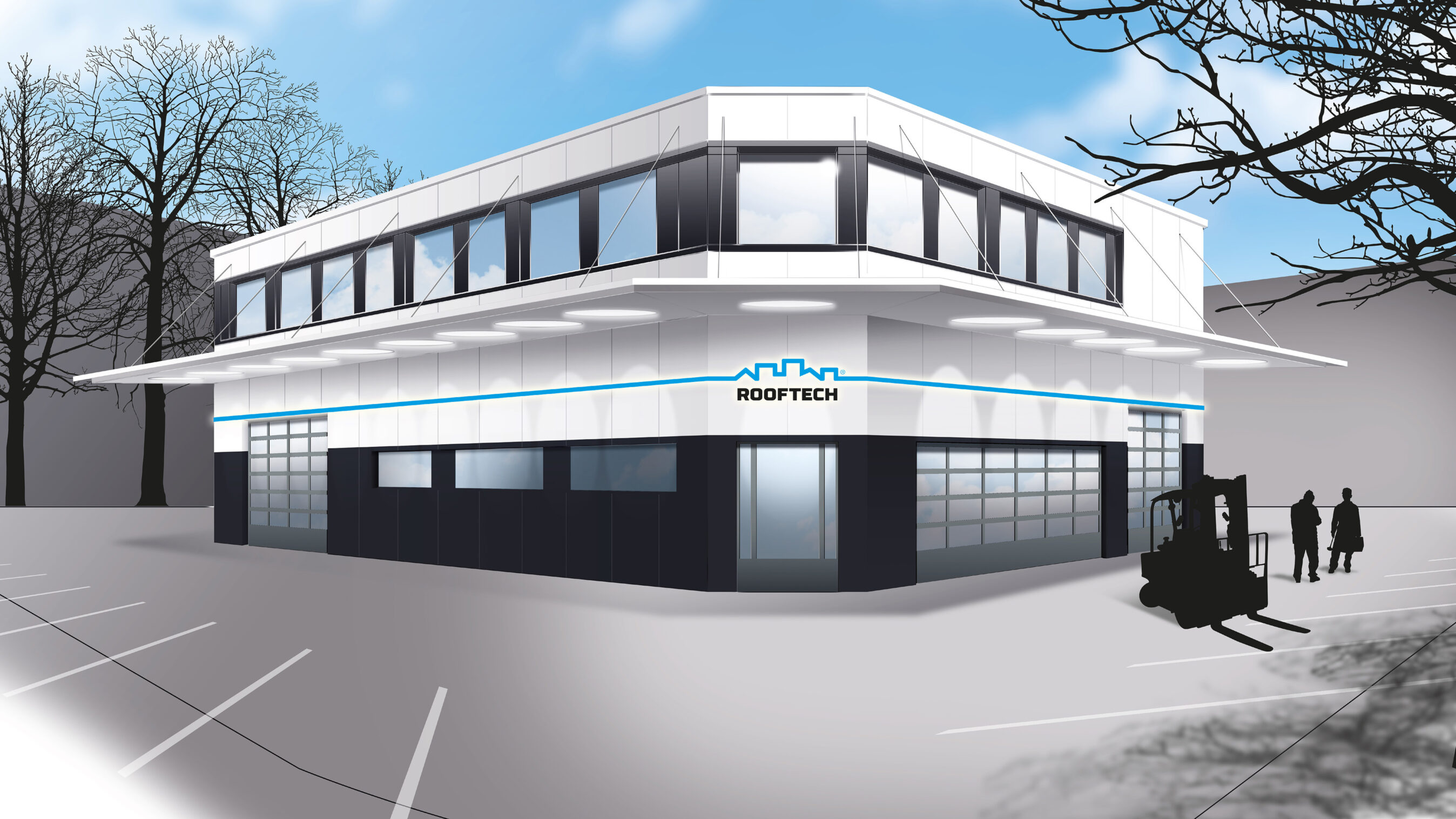 Illustration der Gebäudefassade zur Visualisierung des Neubaus mit den Corporate Design Regeln umgesetzt.