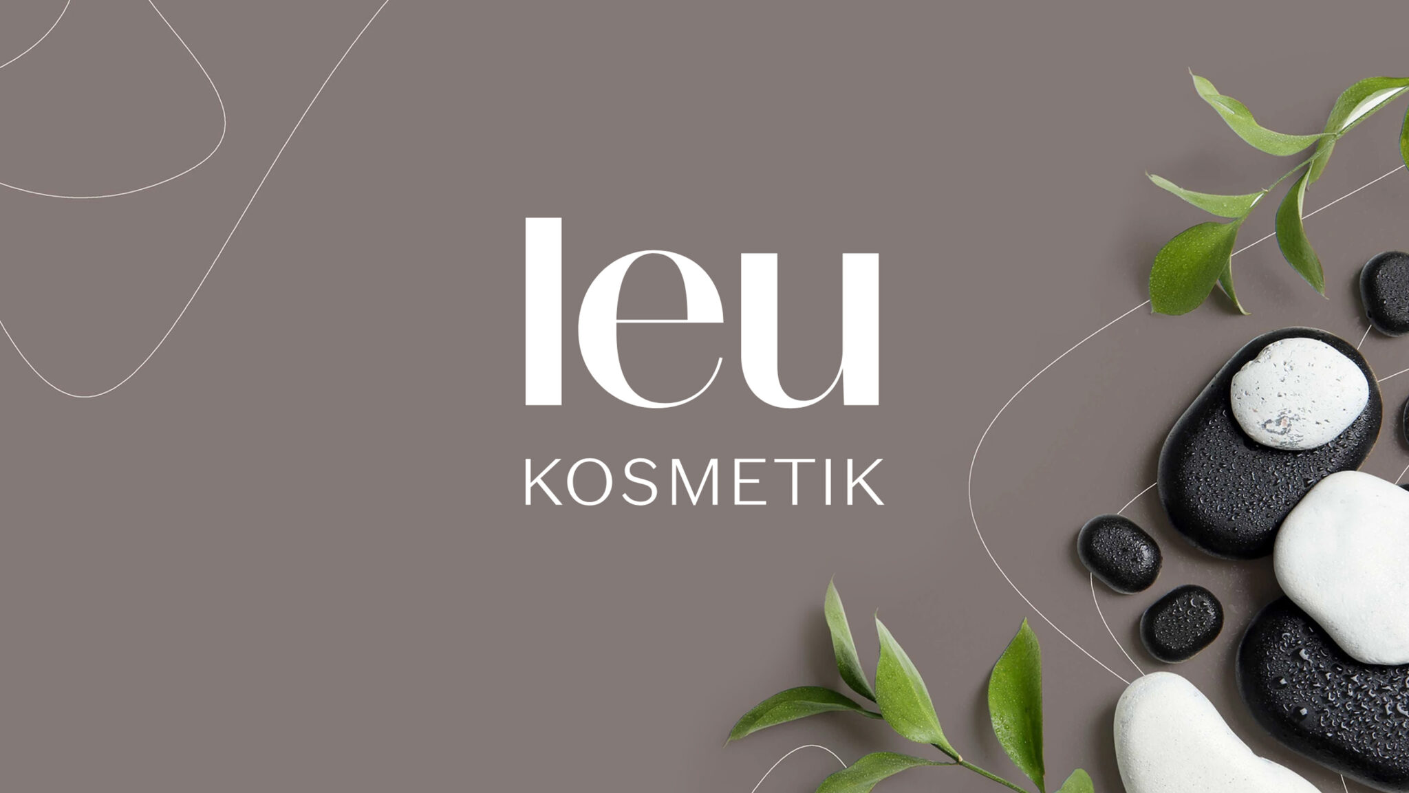 Logo-Gestaltung für die Firma Leu-Kosmetik. Grafische Elemente mit Fotografien an den Seiten.