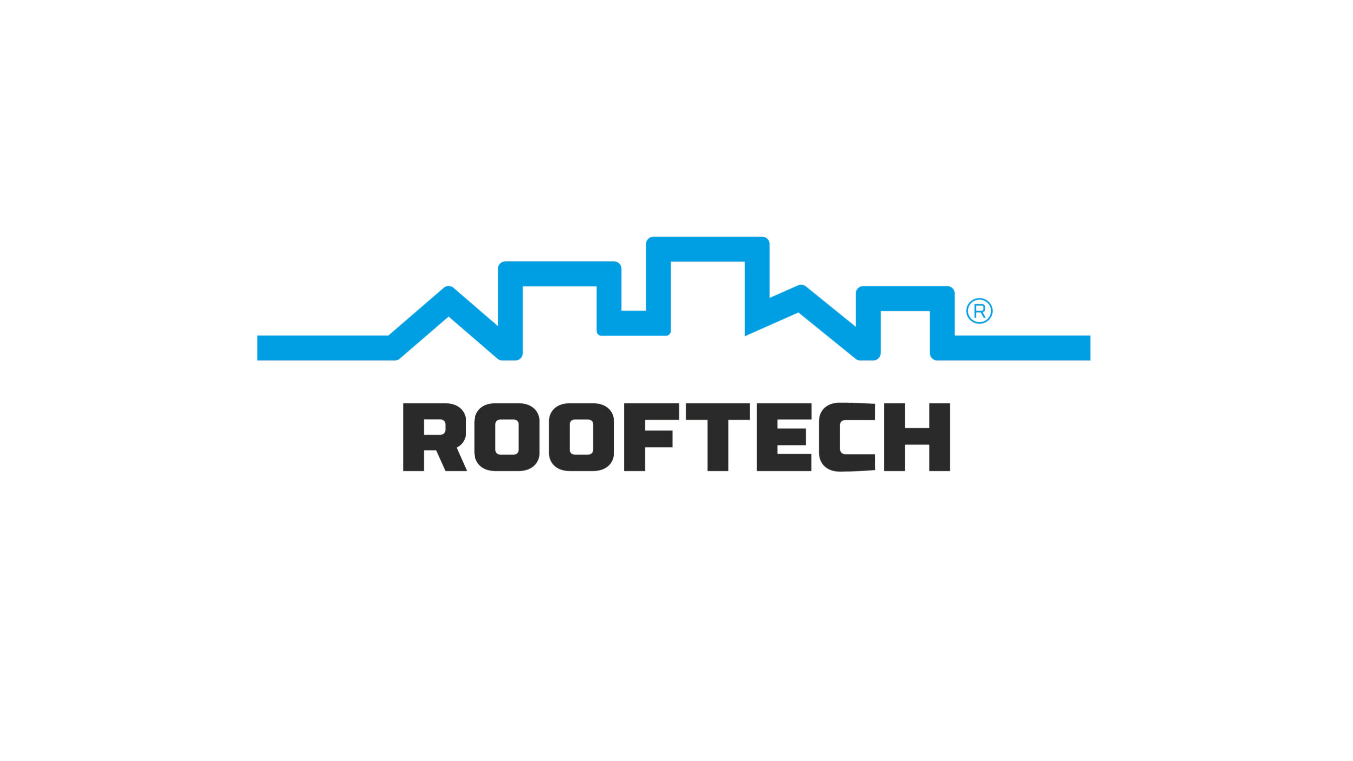 Firmen-Logo als Hauptelement des Brandings Corporate Designs der Firma Rooftech AG. Blaue Linie formt eine Skyline, die Wortmarke unten in schwarz mit einer kräftigen, technischer Schrift.