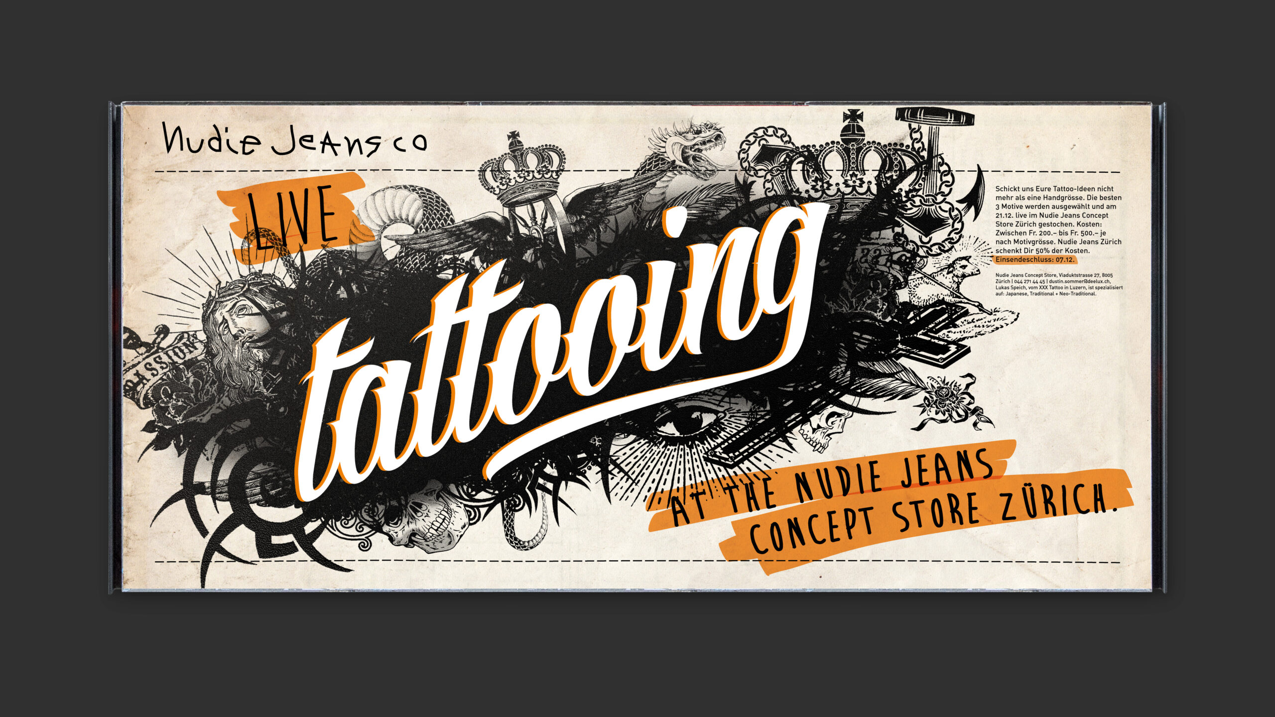 Plakat-Gestaltung für die Werbung des Events. Illustration und Schriftgestaltung greifen die Bildsprache und Formensprache typischer Tattoo-Motiven auf.