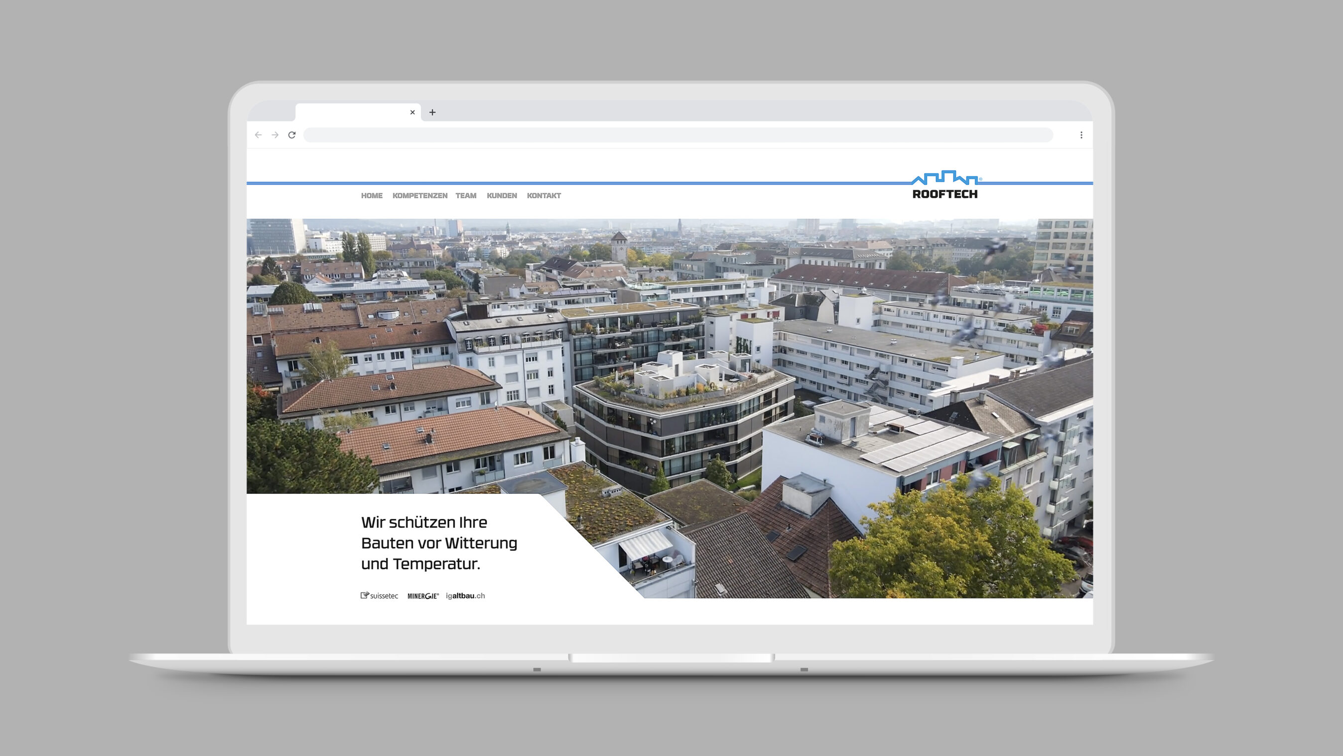 Homepage der Firma Rooftech AG. Webdesign von Grafikdesign Cueni aus Basel.