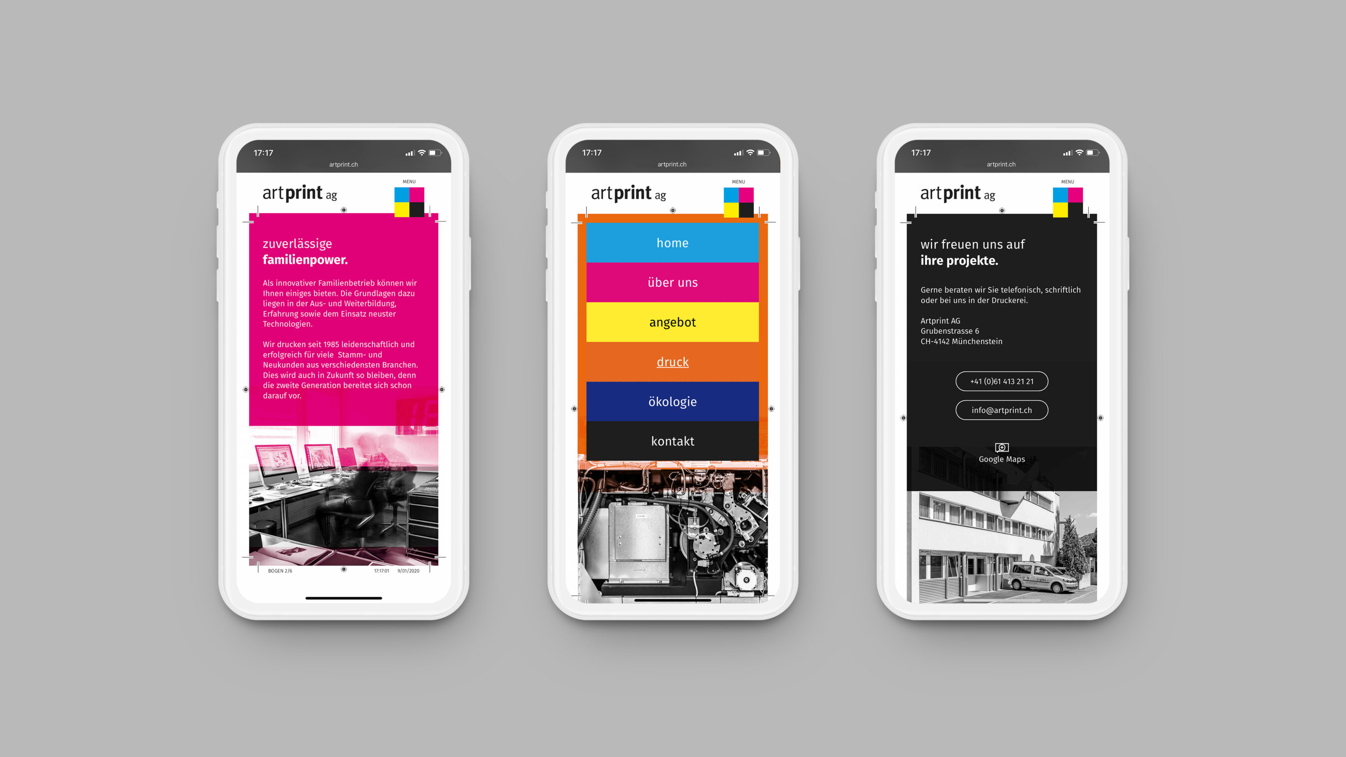 Mobile Version der Webseite artprint.ch. Das Layout- und Grafikdesign erinnert an Druckbögen.