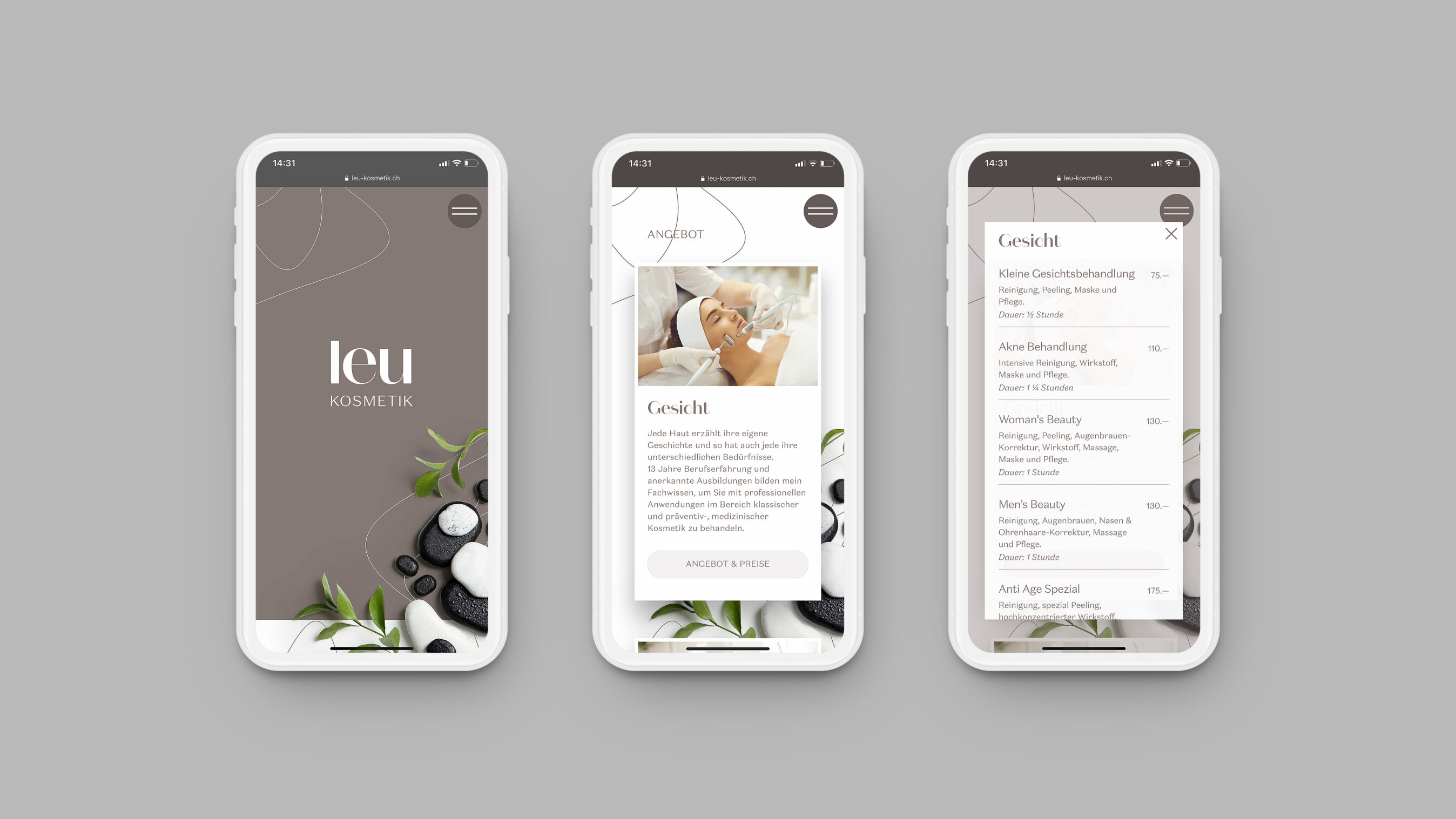 Die Mobile-Version der Website Leu-Kosmetik. Abgebildet ist die Homepage mit zentriertem Logo, die Angebot-Seite und eine Light-Box mit Details zum Angebot Gesicht.