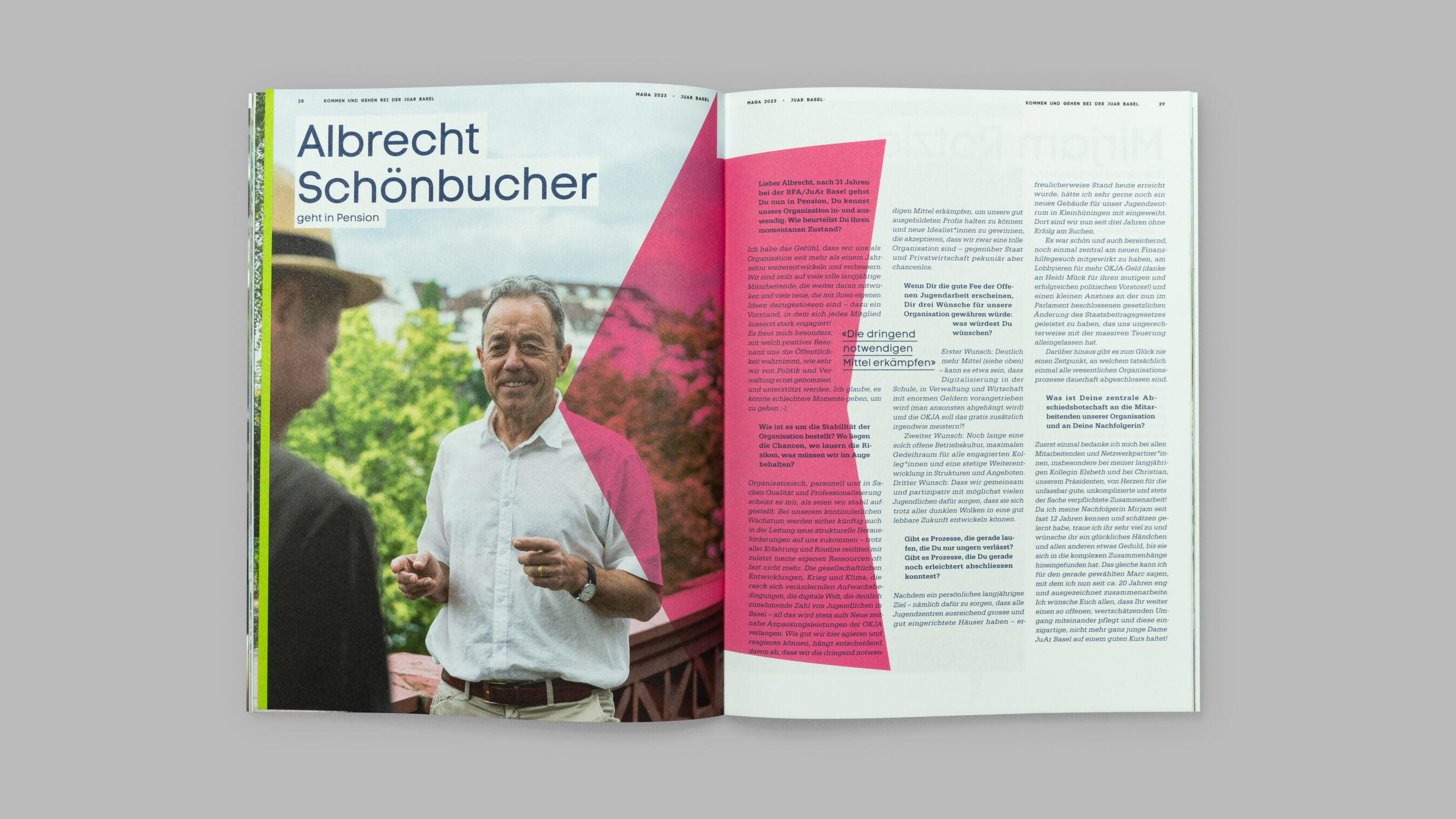 Kommen und Gehen bei der JuAr Basel. Interview von Christian Platz mit Albrecht Schönbucher. Layout Grafikdesign Cueni Basel.