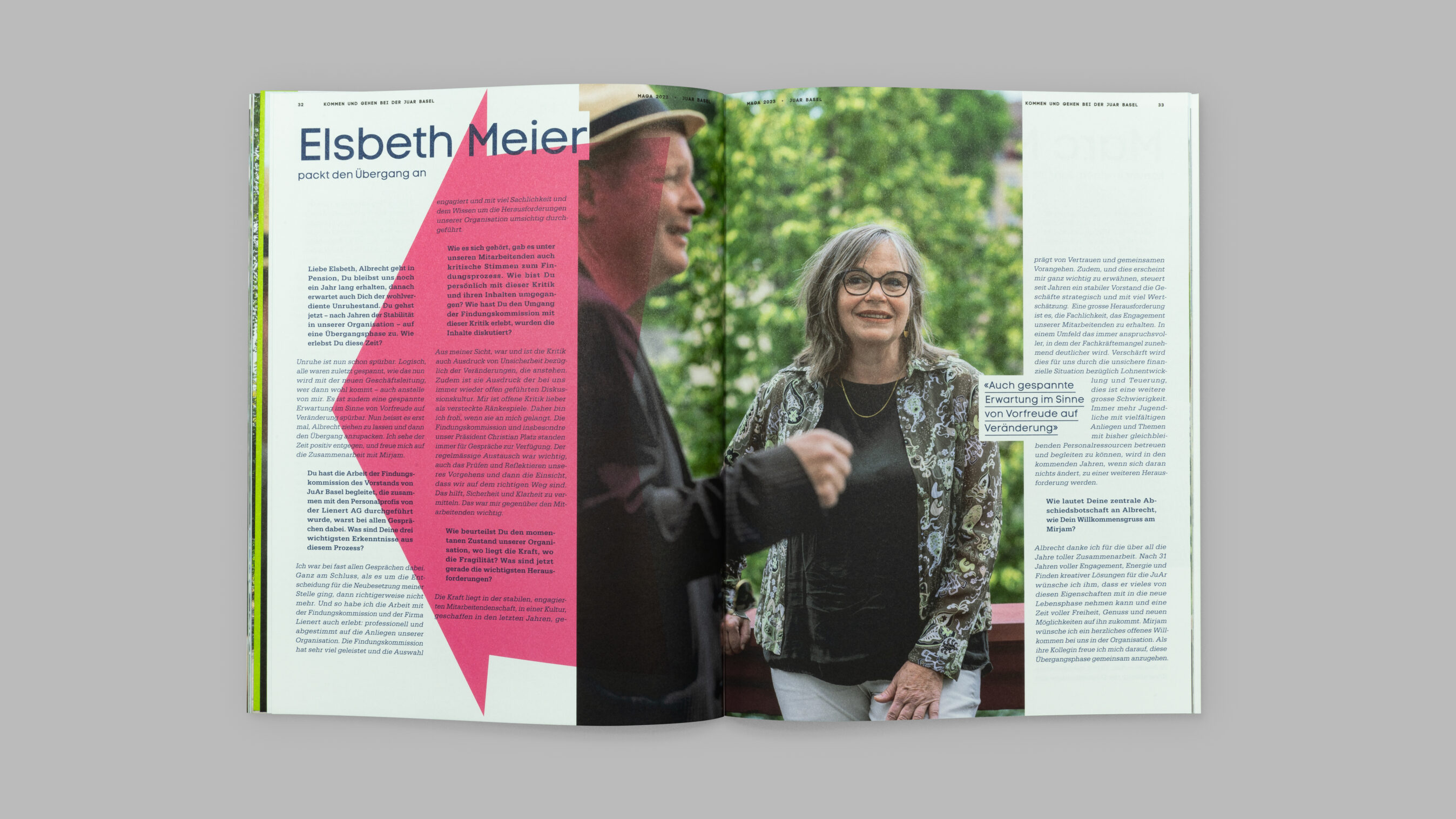 Kommen und Gehen bei der JuAr Basel. Interview von Christian Platz mit Elsbeth Meier. Layout Grafikdesign Cueni Basel.