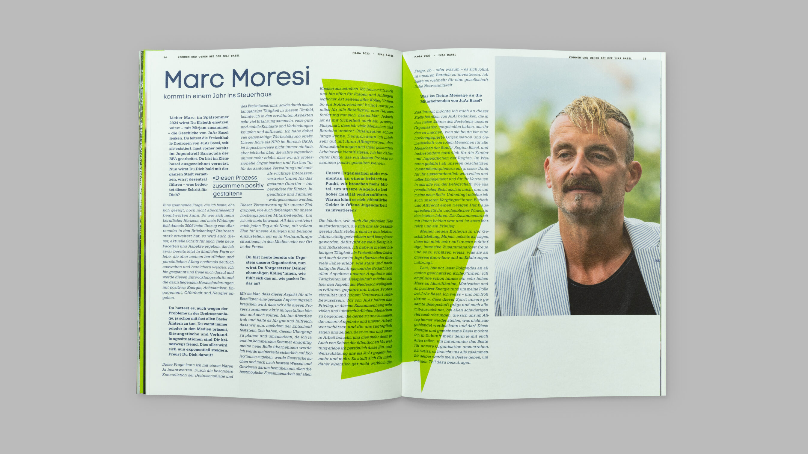 Kommen und Gehen bei der JuAr Basel. Interview von Christian Platz mit Marc Moresi. Layout Grafikdesign Cueni Basel.