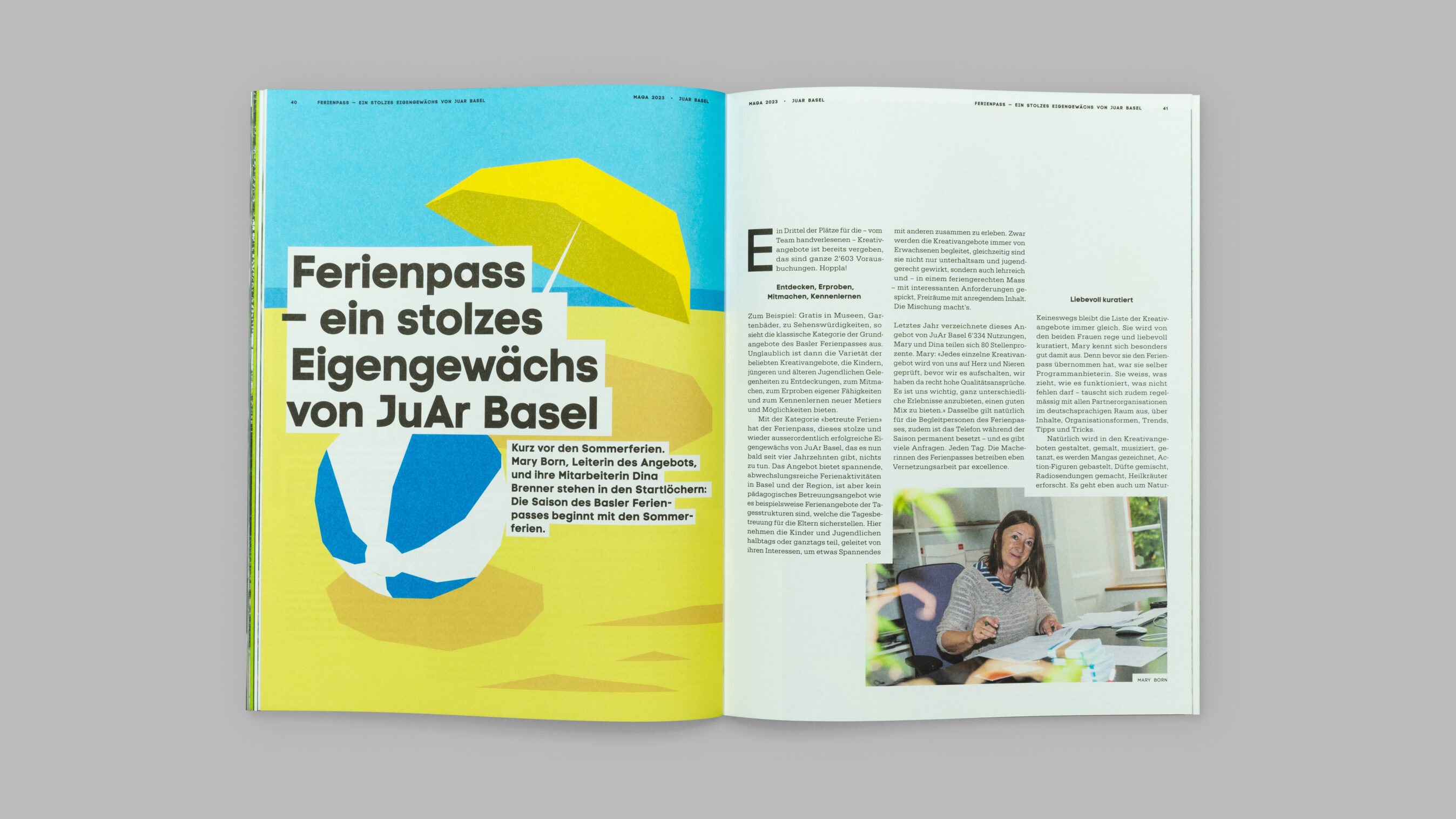 Layout Editorial Gestaltung mit Illustration Ferienpass Basel.