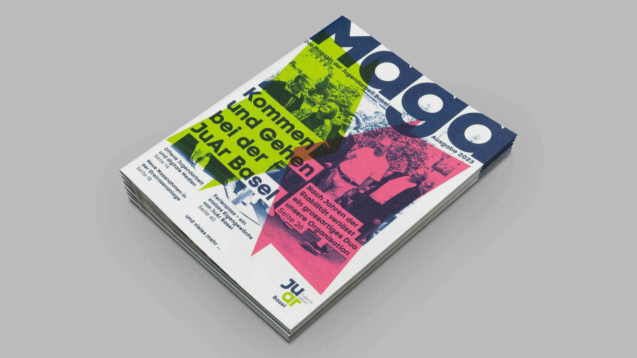 Magazin Layout Gestaltung Editorial Design JuAr Basel. Grafik für das Magazin der Jugendarbeit Basel.